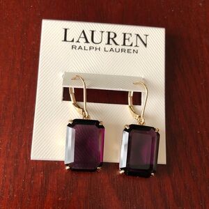 Lauren Ralph Lauren Gold Tone Drop Earrings Square Purple Crystal NWT
